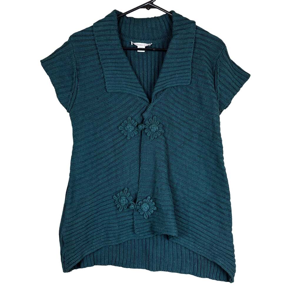 Coldwater Creek Womens Sweater Green Cardigan Cap Sleeve Knit Floral Buttons M